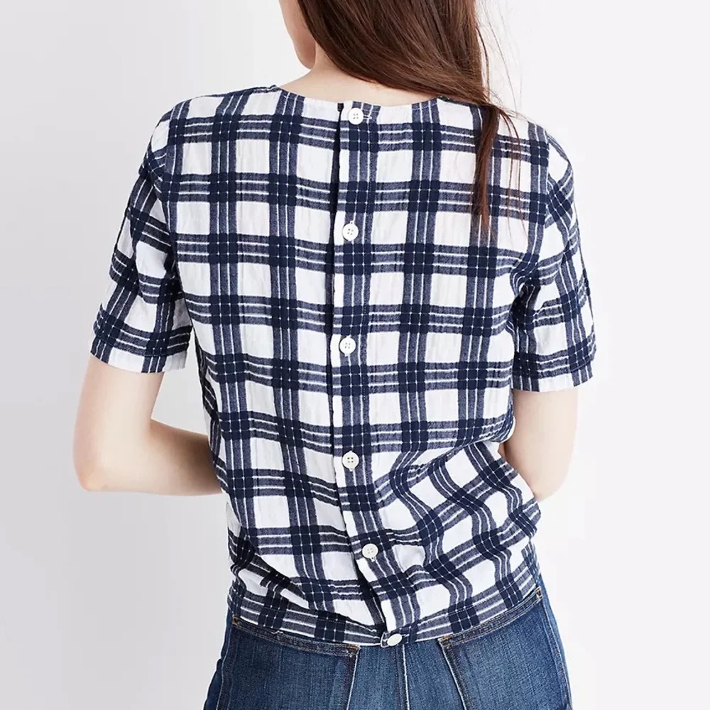 Madewell Blue Plaid Tie Front Buttons Down Blouse Top - Picture 4 of 12